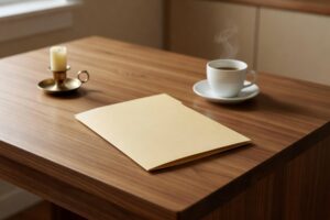 Ordinary domestic kitchen scene viewed from a slight three quarter angle showing a polished warm walnut wooden counter with a single closed plain manila paper folder lying flat in the foreground a small white ceramic coffee cup with rising steam on a white saucer in the upper right and a small unlit brass candle holder with a cream pillar candle in the upper left lit by soft warm window light streaming in from the left