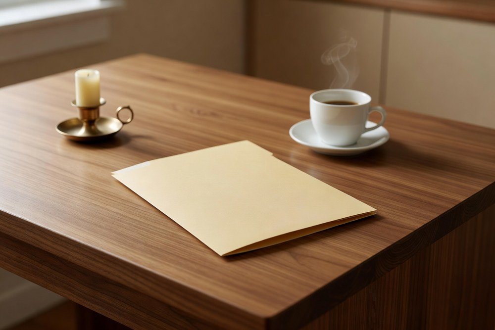 Ordinary domestic kitchen scene viewed from a slight three quarter angle showing a polished warm walnut wooden counter with a single closed plain manila paper folder lying flat in the foreground a small white ceramic coffee cup with rising steam on a white saucer in the upper right and a small unlit brass candle holder with a cream pillar candle in the upper left lit by soft warm window light streaming in from the left