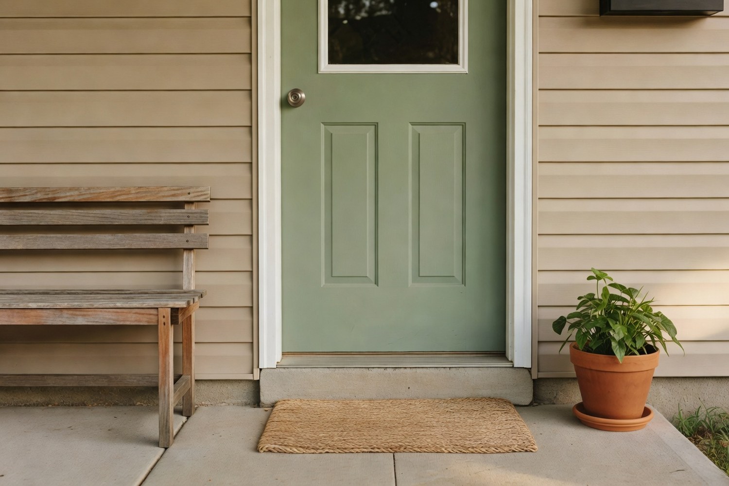 Front entry area of an ordinary American suburban single family home photographed from outside on the walkway looking toward the front door with a wooden door painted soft sage green and a brushed nickel doorknob a small weathered wooden bench to the left an empty plain natural fiber doormat in front and a terracotta pot with abstract green leafy foliage at the lower right under late afternoon warm directional light