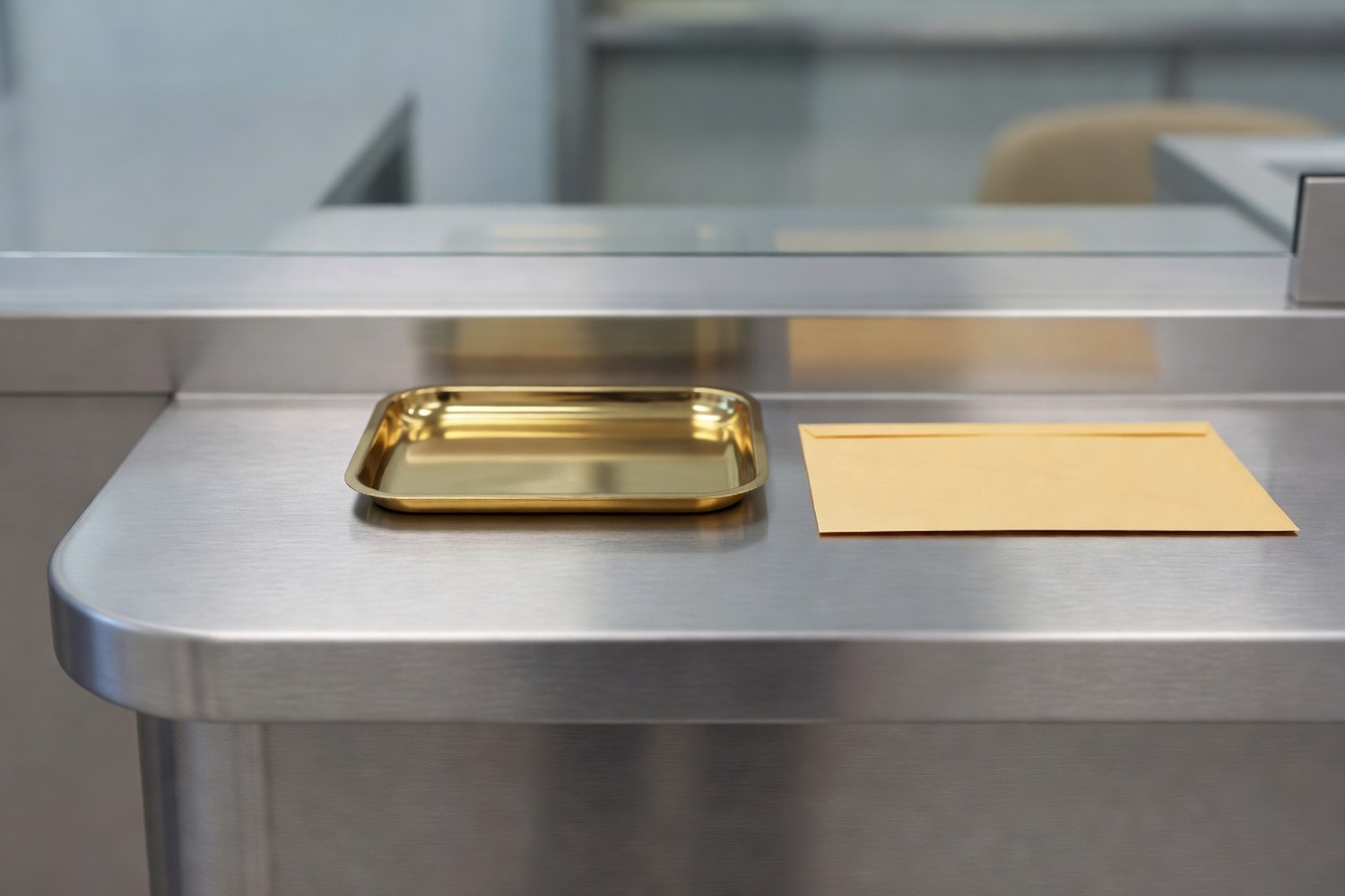 Macro detail of a modern bank teller counter showing the brushed stainless steel countertop with rounded edges where it meets a glass partition above with a small empty polished brass deposit slip tray and the corner of a plain manila paper envelope lying flat on the counter under soft cool overhead institutional fluorescent light