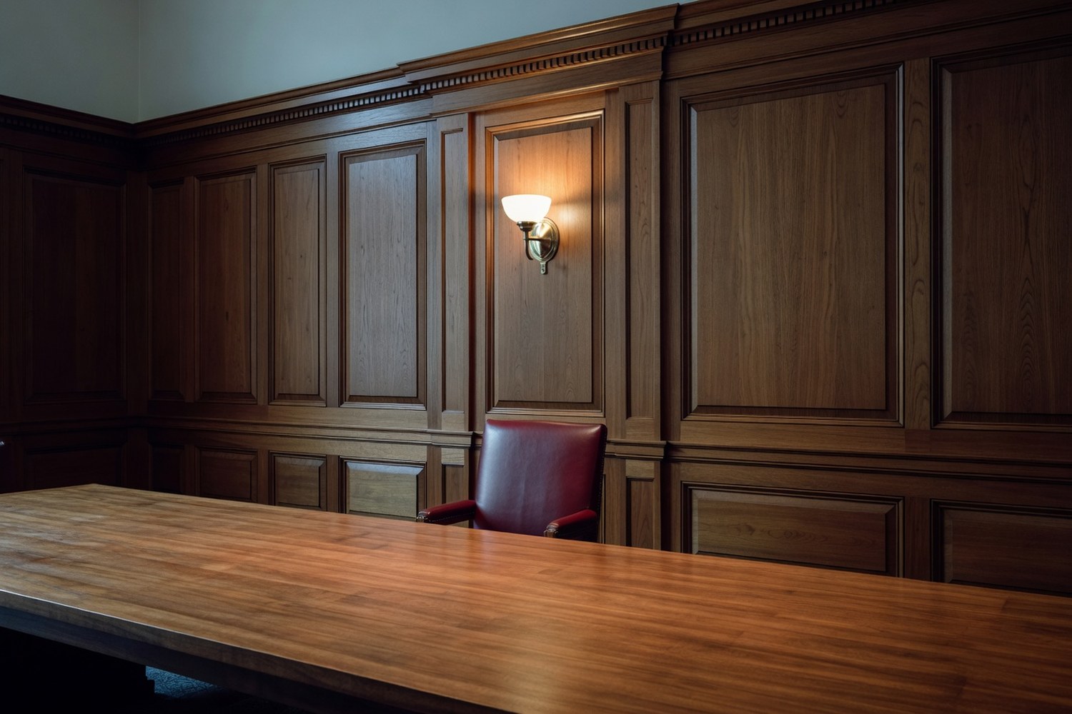 Empty corner of a classical Federal Reserve era boardroom interior with a long polished aged walnut conference table running across the foreground a single empty oxblood leather upholstered armchair pulled slightly back from the table tall coffered wood paneled wall behind and a single brass wall sconce with frosted milk glass shade casting warm amber light