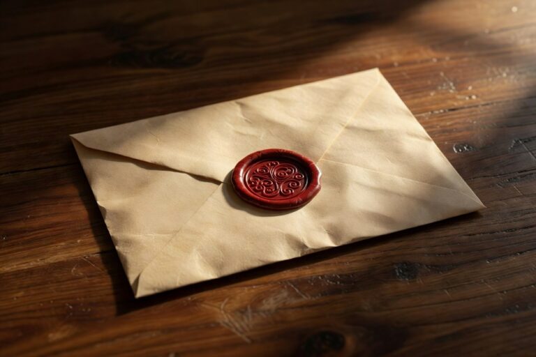 Closed plain manila paper envelope lying flat on a polished aged walnut wooden surface with a deep oxblood red wax seal pressed into the center showing abstract classical decorative scrollwork imprinted into the wax under warm directional light from the upper right catching the wax seal with rich amber red specular highlights