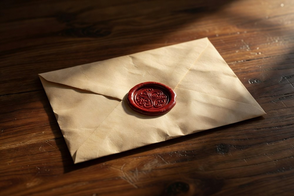 Closed plain manila paper envelope lying flat on a polished aged walnut wooden surface with a deep oxblood red wax seal pressed into the center showing abstract classical decorative scrollwork imprinted into the wax under warm directional light from the upper right catching the wax seal with rich amber red specular highlights