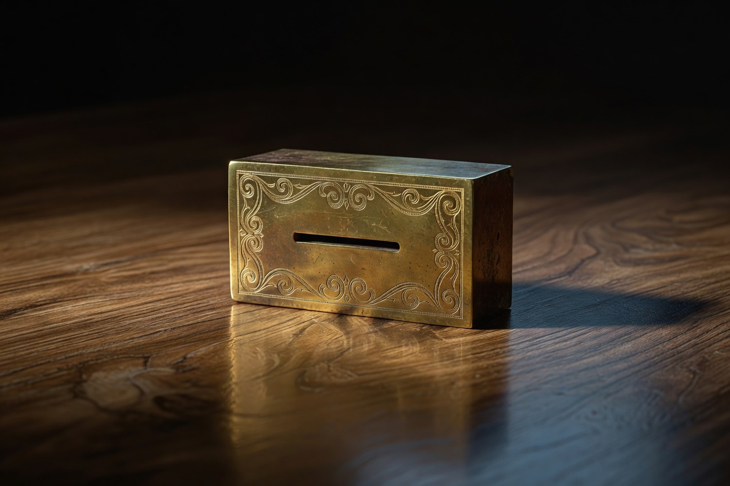 Antique patina aged brass mechanical ballot box device with a single horizontal slim ballot slot and classical decorative scrollwork etching around the slot opening sitting alone on a polished aged walnut wooden surface under warm directional light from the upper left catching the brass with rich amber specular highlights