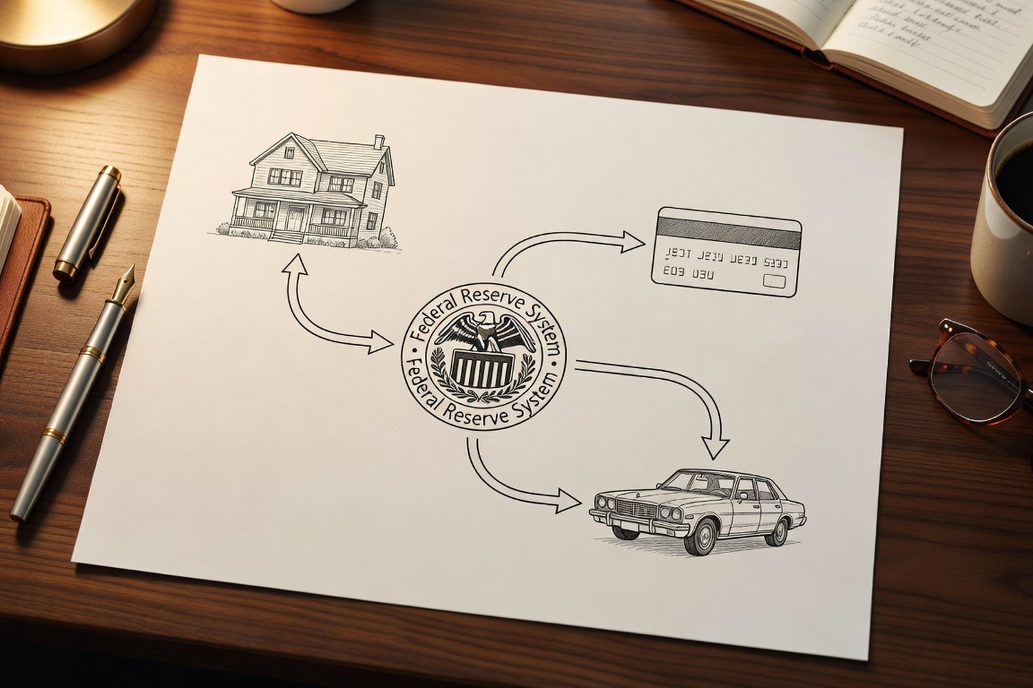 Visual diagram showing how Federal Reserve rate decisions flow through to different consumer loan types