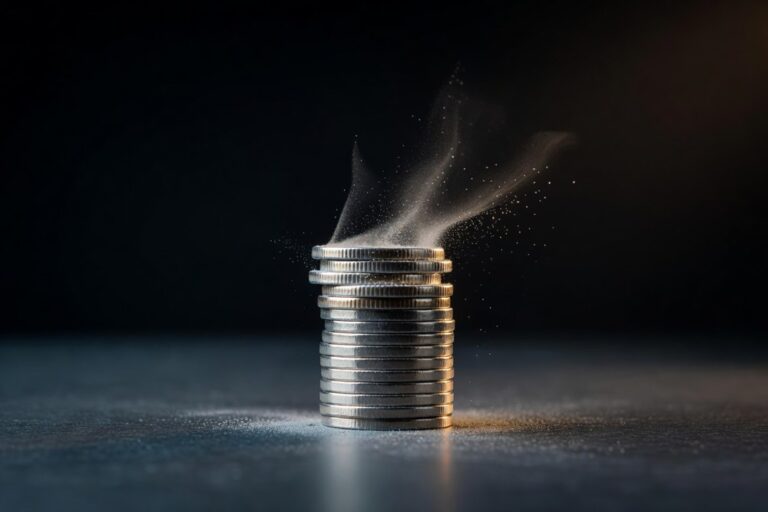 Stack of silver coins on dark slate with the top few coins dissolving and crumbling into fine silver dust particles drifting upward to the right against a deep black background lit by warm amber rim light