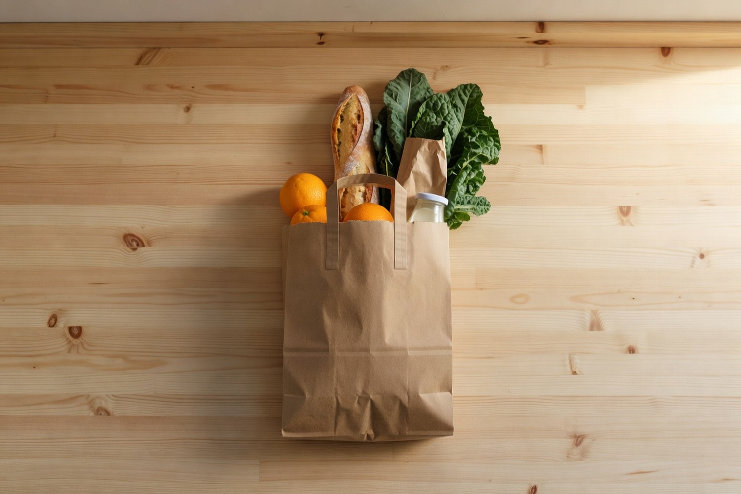 Overhead view of a plain brown kraft paper grocery bag on a pale wooden kitchen counter with oranges a baguette leafy kale and a small unlabeled glass milk bottle visible inside in warm natural morning light