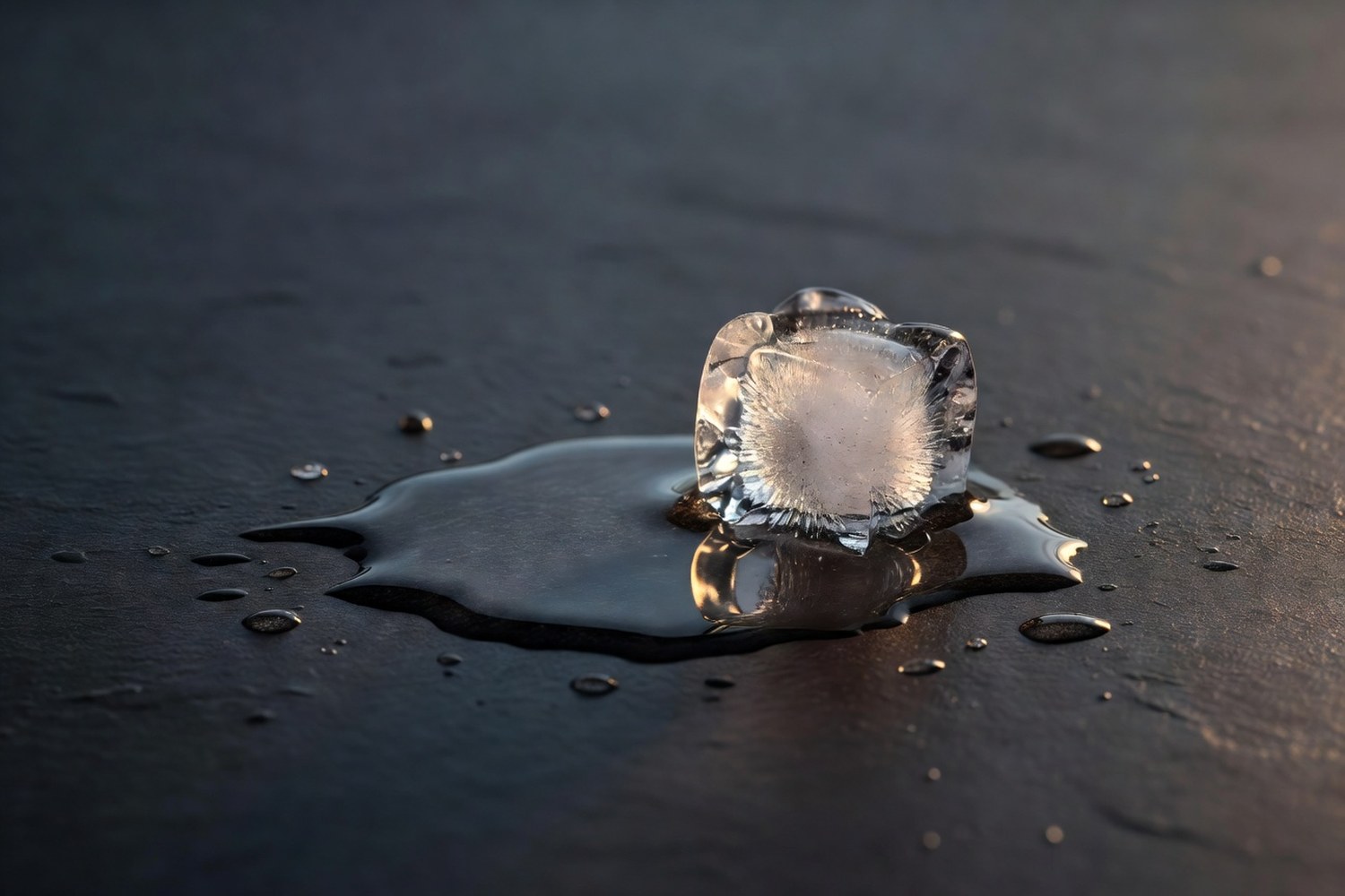 Single melting ice cube on a smooth dark charcoal slate surface with a pool of clear water spreading beneath it and scattered small droplets around lit dramatically by warm amber side-light from the right against deep black shadows