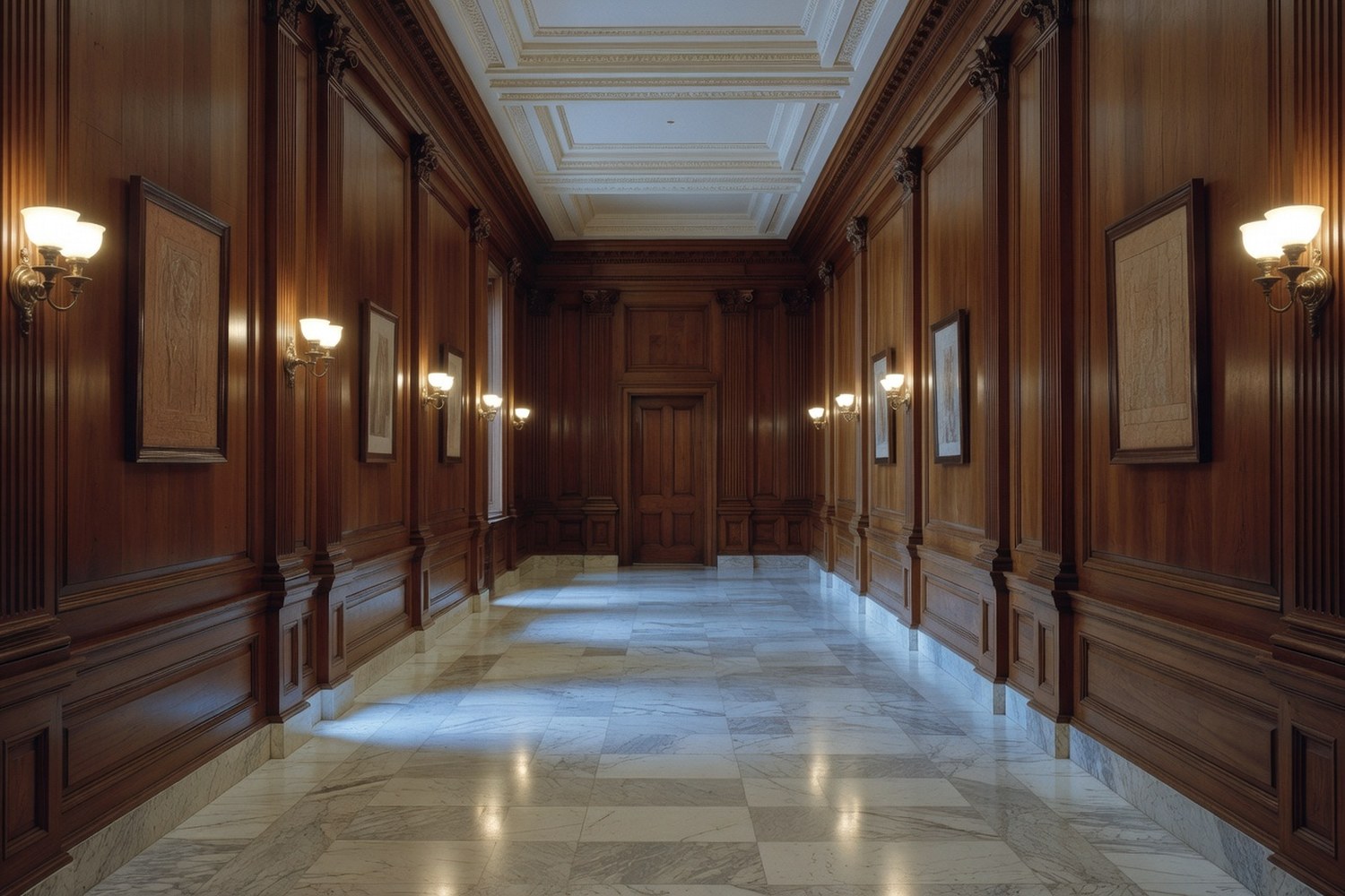 Long empty hallway corridor in a United States Senate office building photographed from one end looking down the corridor toward a single closed wooden door at the far end with polished cream and gray marble floors tall coffered walnut wood paneled walls receding into perspective high coffered ceiling brass wall sconces on both sides casting warm amber light and abstract framed wall panels between sconces