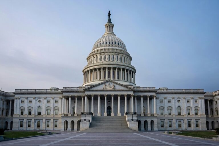 United States Capitol Building exterior in Washington DC photographed from a low three quarter angle on the central staircase approach in cool overcast late afternoon light with the iconic white marble dome dominating the upper portion of the frame the central pedimented portico and Corinthian columns visible at center and the broad central staircase descending in the foreground under a cool slightly hazy sky