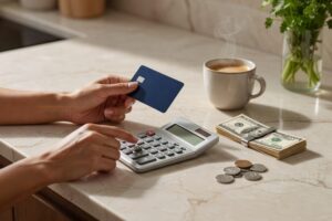 Close-up of a woman's hands holding a navy credit card and using a desktop calculator beside a folded stack of cash and coins on a warm marble kitchen counter