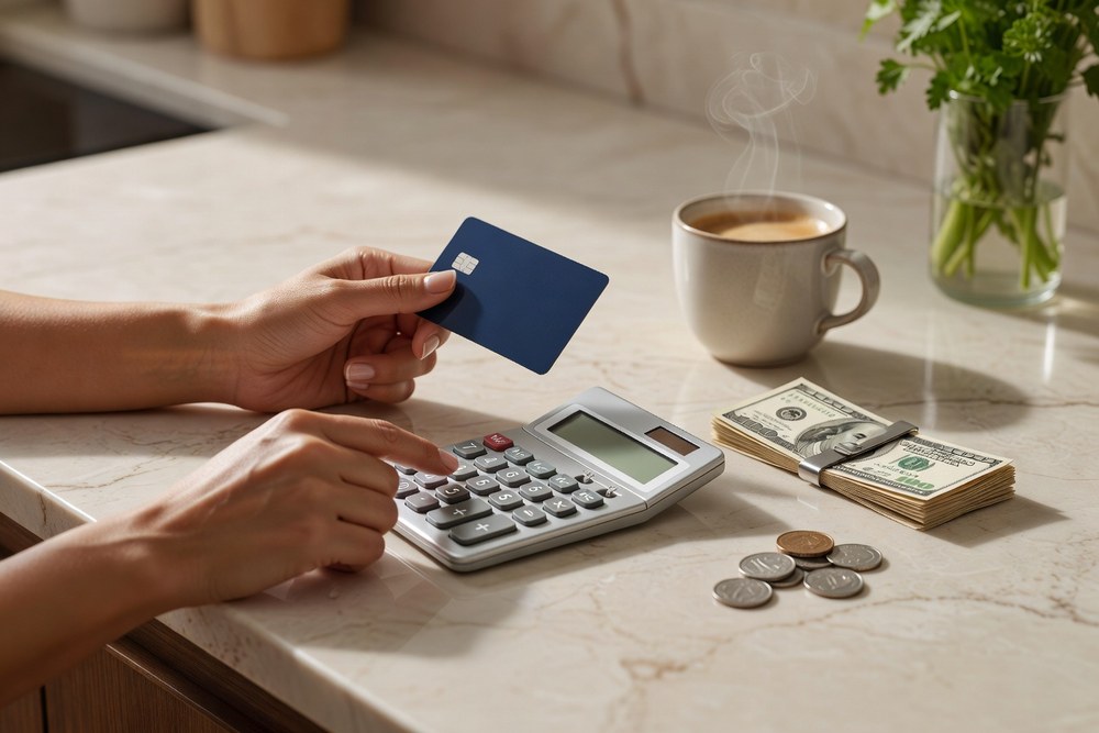 Close-up of a woman's hands holding a navy credit card and using a desktop calculator beside a folded stack of cash and coins on a warm marble kitchen counter