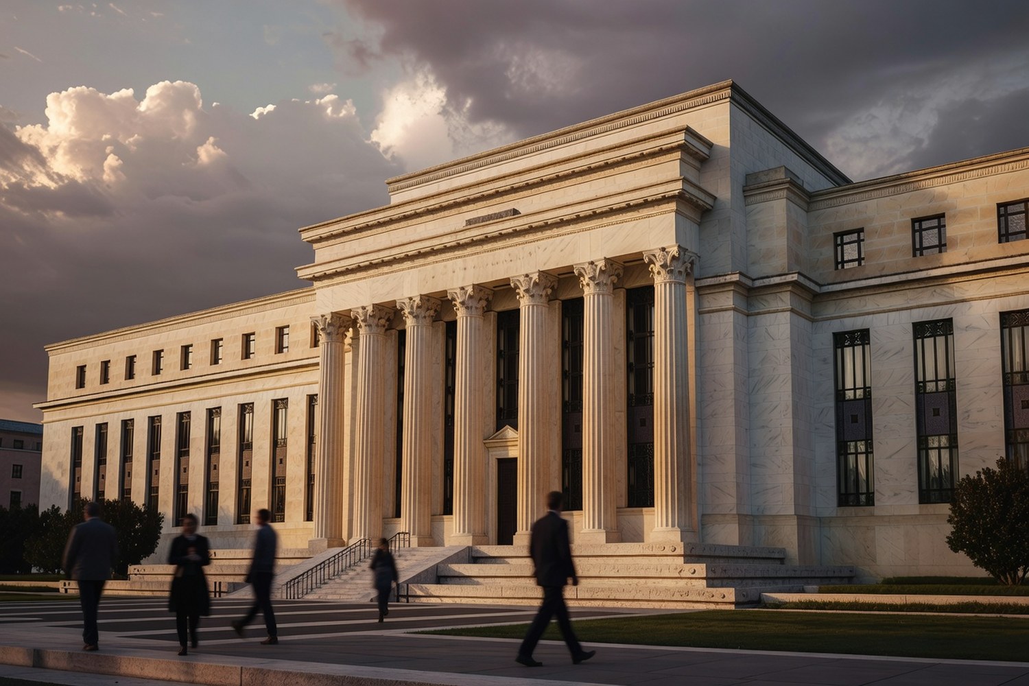 Federal Reserve Eccles Building exterior at golden hour with dramatic clouds overhead representing Fed monetary policy and the prime rate