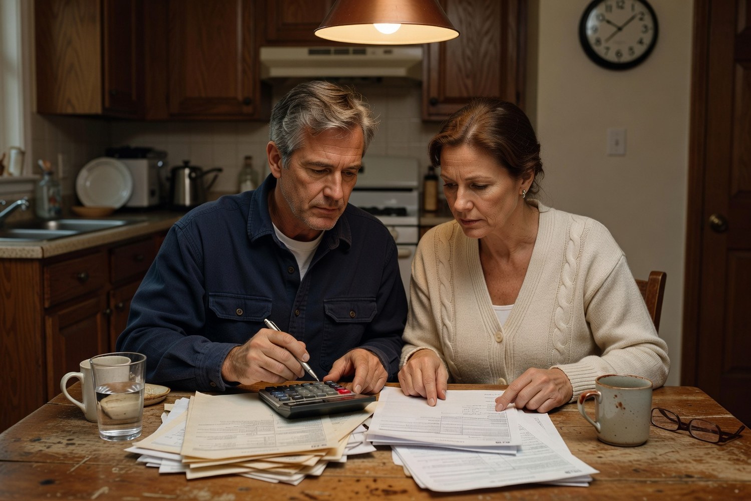 Middle-aged couple at a kitchen table reviewing a HELOC statement with calculator and paperwork under a warm pendant lamp