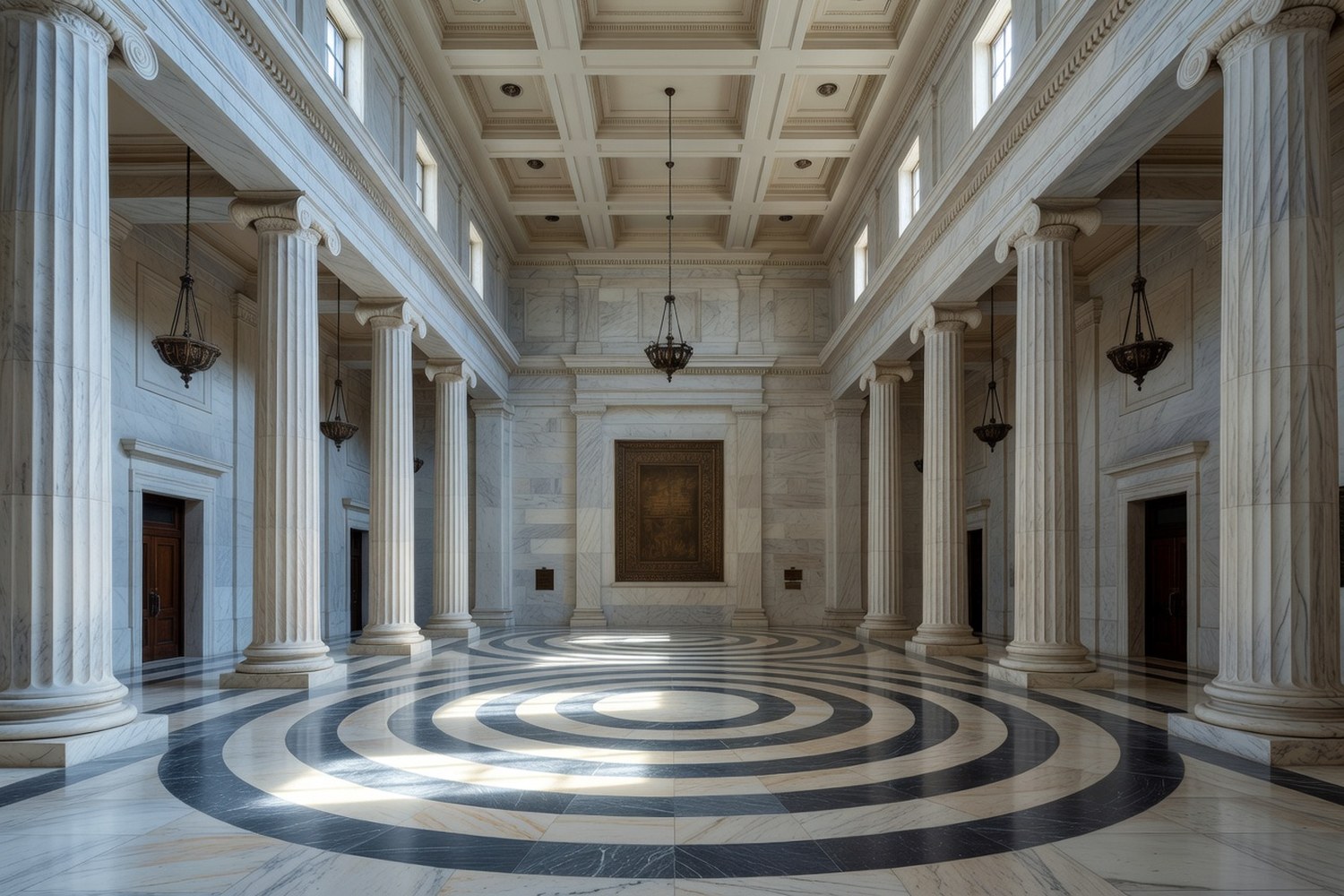 Soaring interior atrium of a major classical American institutional building with massive marble Ionic columns geometric concentric ring marble floor pattern coffered ceiling clerestory windows and bronze pendant lamps in cool soft daylight