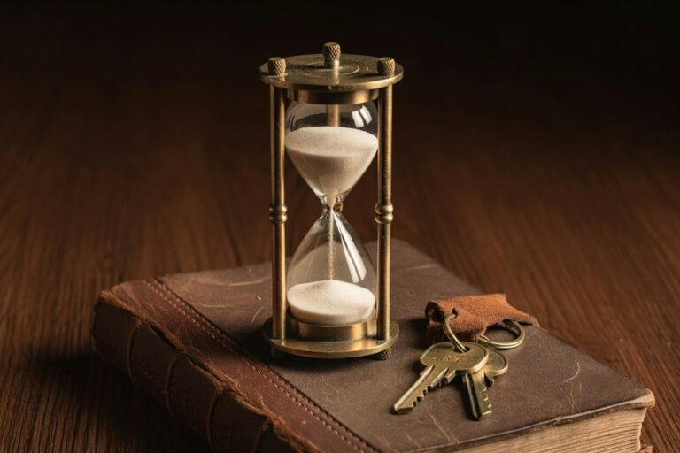Antique brass hourglass with fine sand mid-flow standing on a worn leather-bound ledger book beside a set of brass house keys on a suede keyring in warm amber light