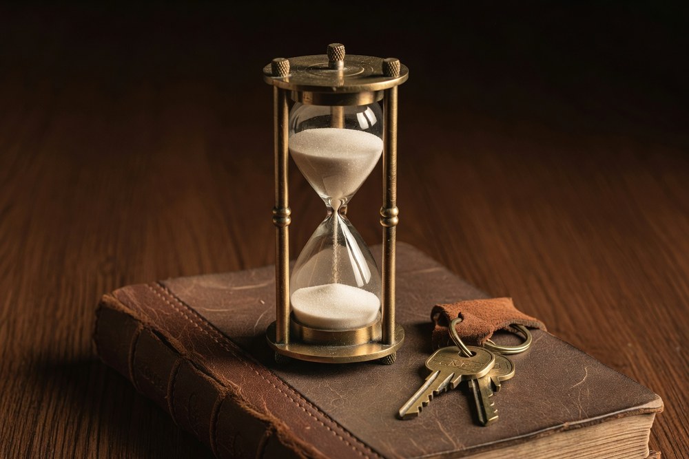 Antique brass hourglass with fine sand mid-flow standing on a worn leather-bound ledger book beside a set of brass house keys on a suede keyring in warm amber light