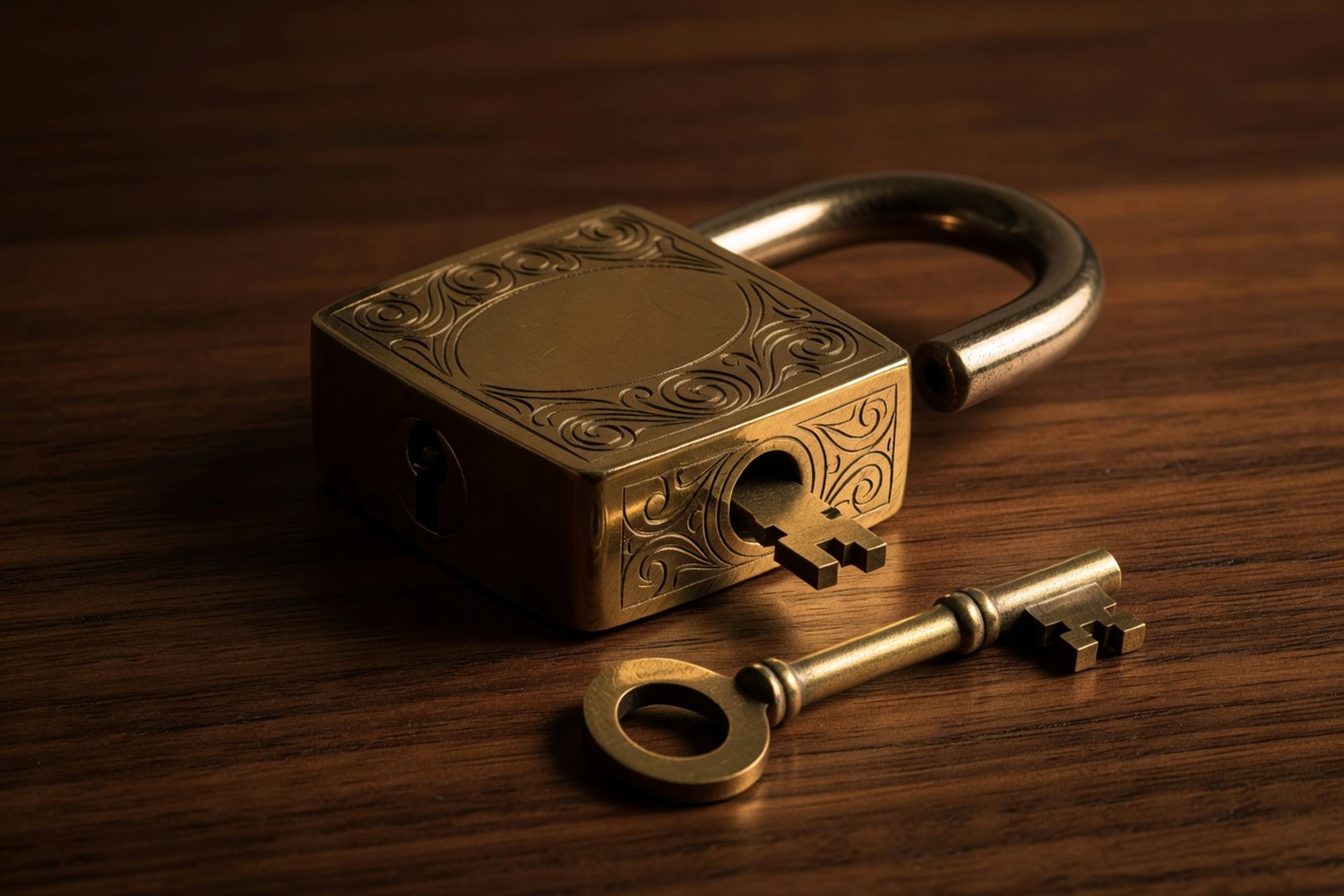 Ornate antique brass padlock with decorative scrollwork and open shackle with a brass skeleton key inserted and a second key resting beside it on dark walnut wood in warm amber light