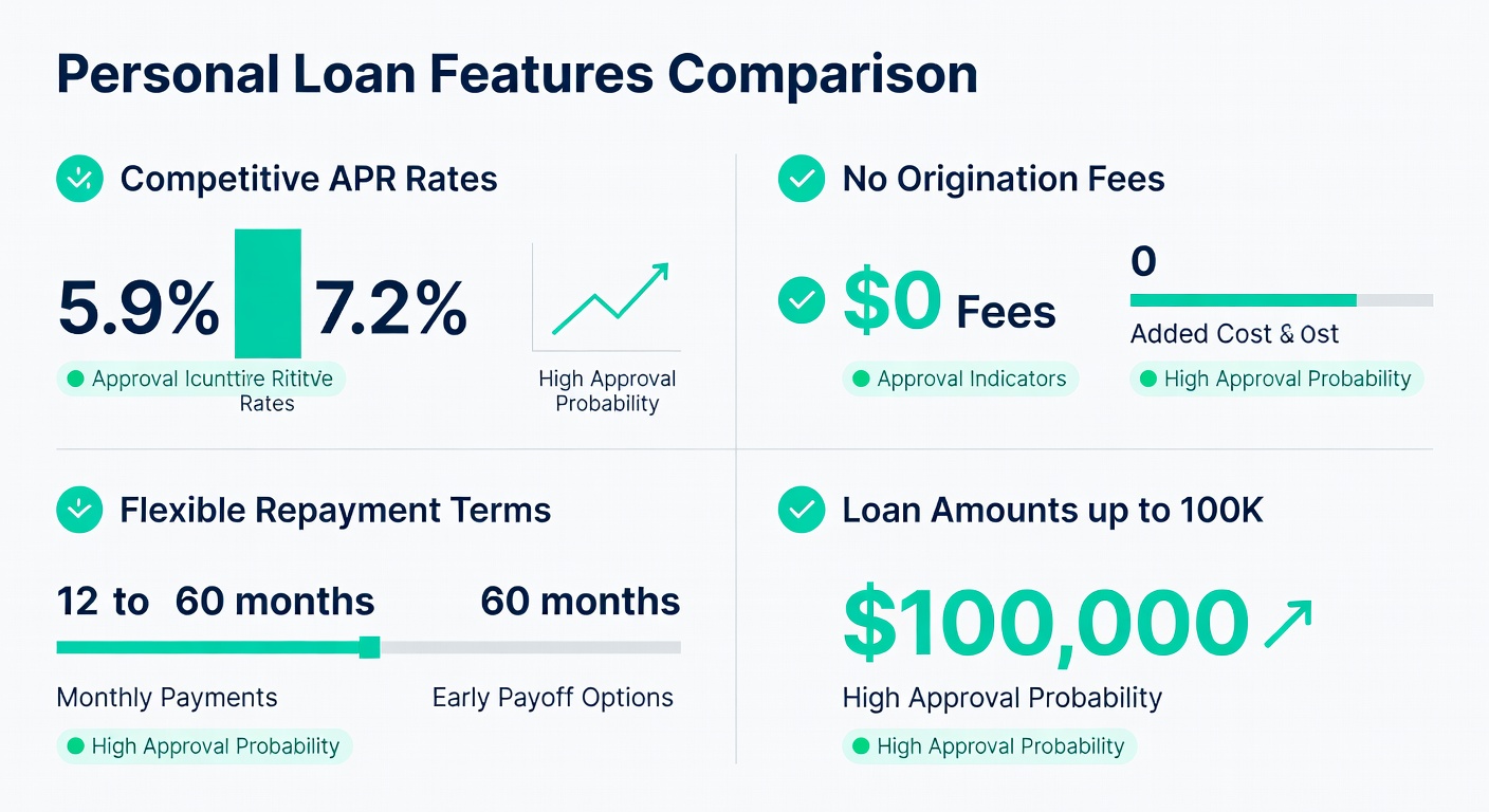 SoFi personal loan features comparison infographic showing competitive APR rates, no origination fees, flexible repayment terms, and loan amounts up to $100,000
