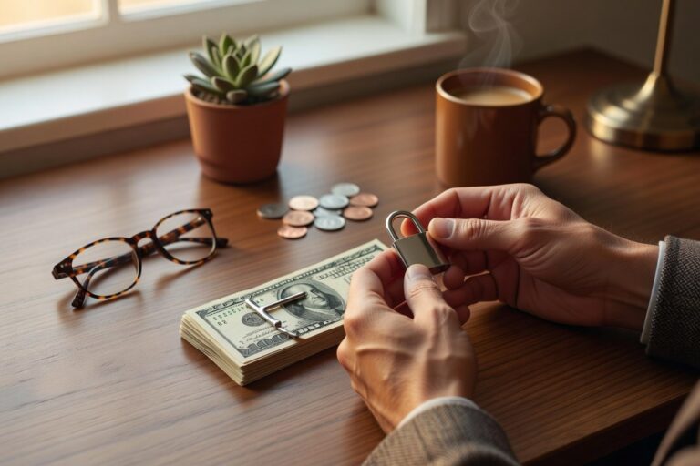 Man's hands holding a small silver padlock above a stack of folded dollar bills with coins reading glasses succulent and steaming coffee on a warm wooden desk