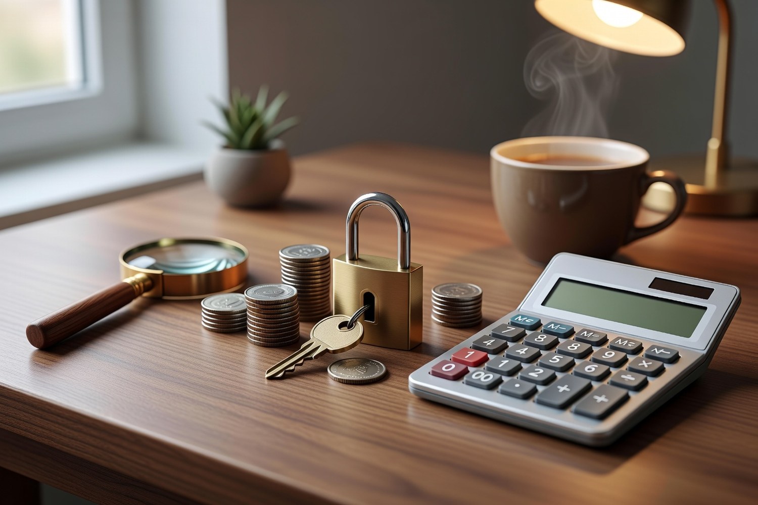 Brass padlock with key coin stacks magnifying glass calculator succulent and steaming coffee on a warm wooden desk illustrating secured collateralized lending