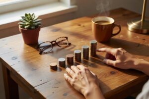 Woman's hands gesturing over six ascending stacks of coins on a warm wooden desk beside reading glasses a succulent and a steaming coffee mug