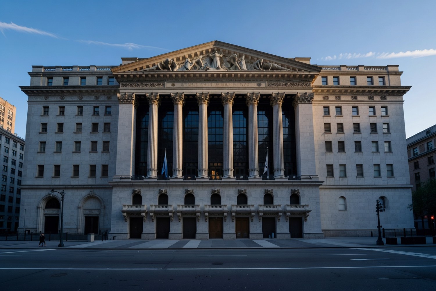 Classical neoclassical stock exchange building facade with Corinthian columns and sculpted pediment at dawn with cool blue sky and warm golden light on upper cornice