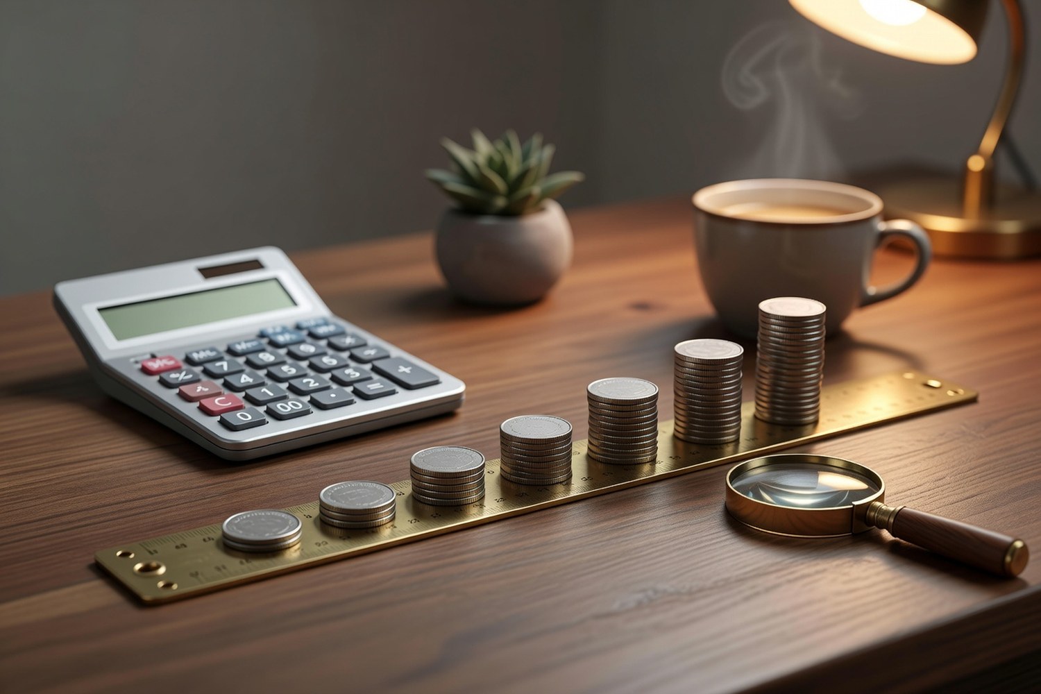 Six ascending stacks of coins on a brass vintage ruler beside a silver calculator with blank display brass magnifying glass succulent and steaming coffee on a warm wooden desk