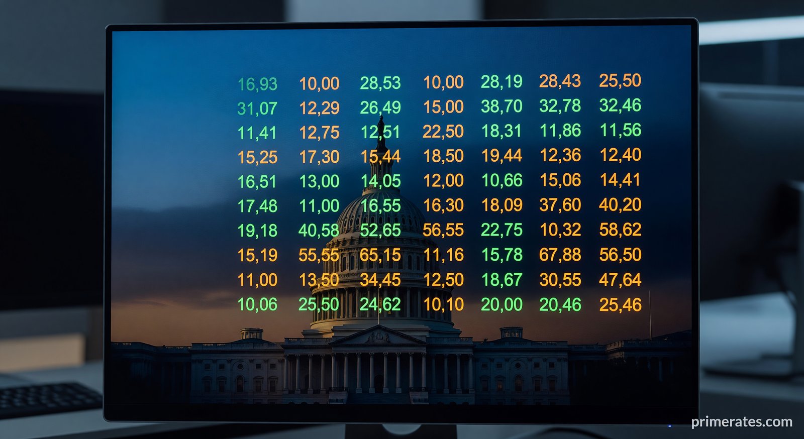 Financial dashboard displaying rising US national debt counter with US Capitol building shadow at dusk
