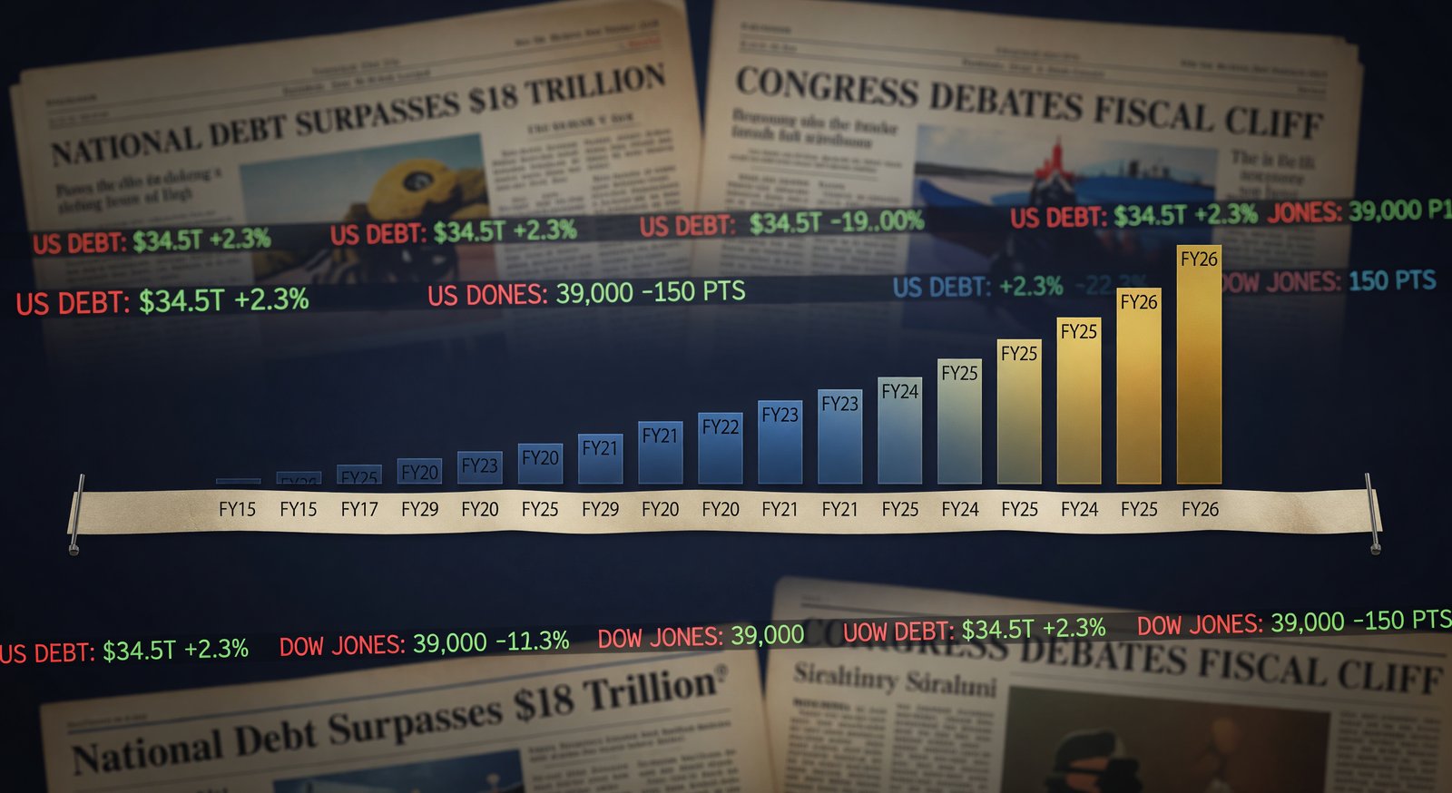 Historical timeline of US national debt by fiscal year showing growth from FY15 to FY26 with newspaper-headline backdrop