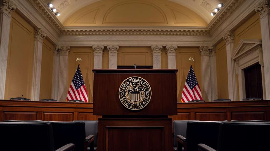 Wide editorial photograph of an empty press briefing podium with the Federal Reserve seal centered on the front of the wooden lectern photographed straight on inside a high ceiling neoclassical hearing room with American flags on the back wall warm directional stage lighting empty chairs in front