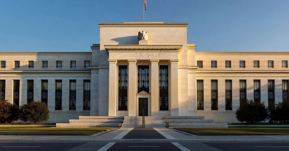 Wide cinematic photograph of the Marriner S Eccles Federal Reserve building in Washington DC at golden hour with dramatic side lighting on the white marble neoclassical facade tall fluted columns casting long shadows the eagle and seal above the central pediment an American flag at the entrance and a dignified institutional mood