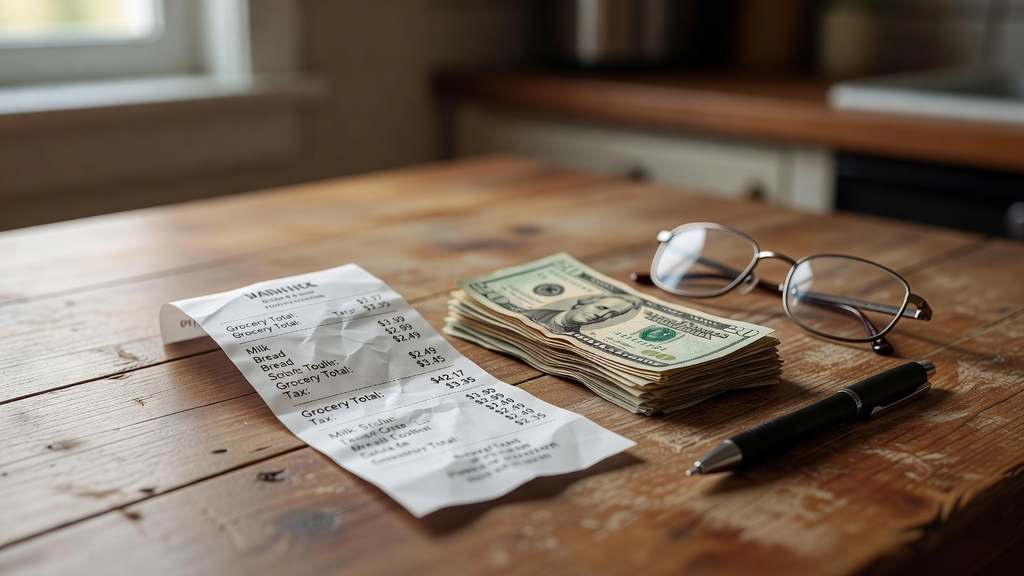 A long white paper store receipt curling on a wooden kitchen table beside a small folded stack of United States dollar bills with reading glasses and a pen lit by soft warm morning window light
