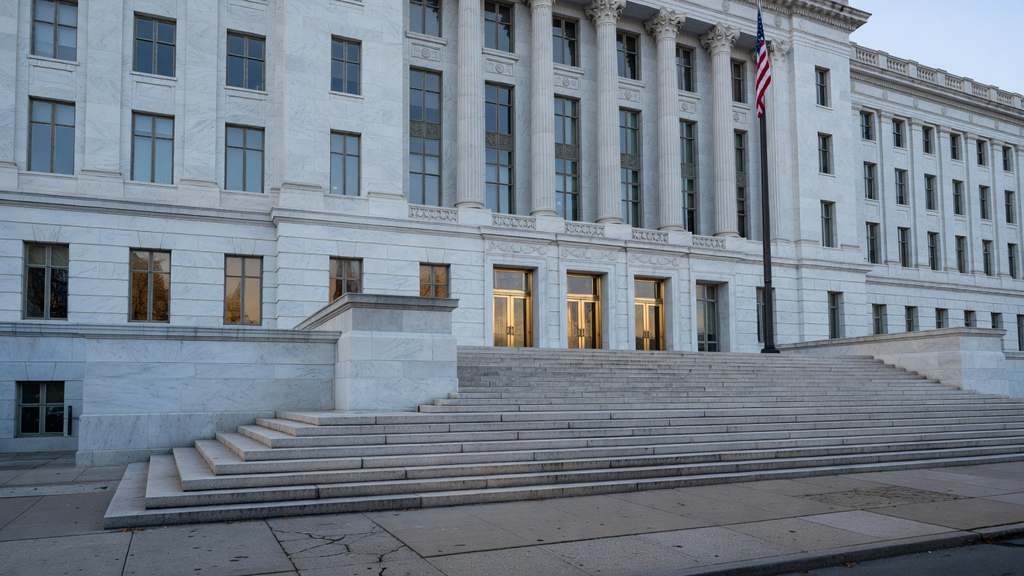 A large neoclassical United States government building with a white marble facade and tall rectangular windows broad stone steps leading to brass framed glass doors an American flag to one side under cool overcast afternoon daylight