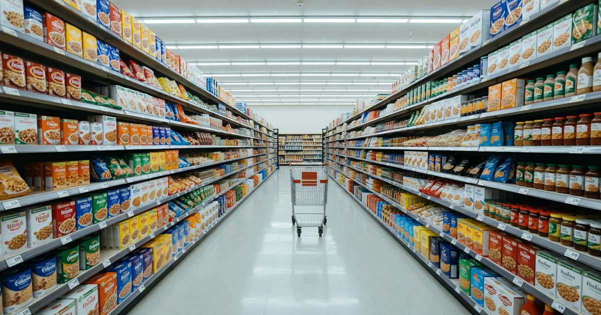 Wide view down a stocked grocery store aisle with packaged goods on shelves on both sides receding into the distance, small white price tag labels along the shelf edges, and a single empty shopping cart in the center of the polished light gray floor under bright overhead lighting