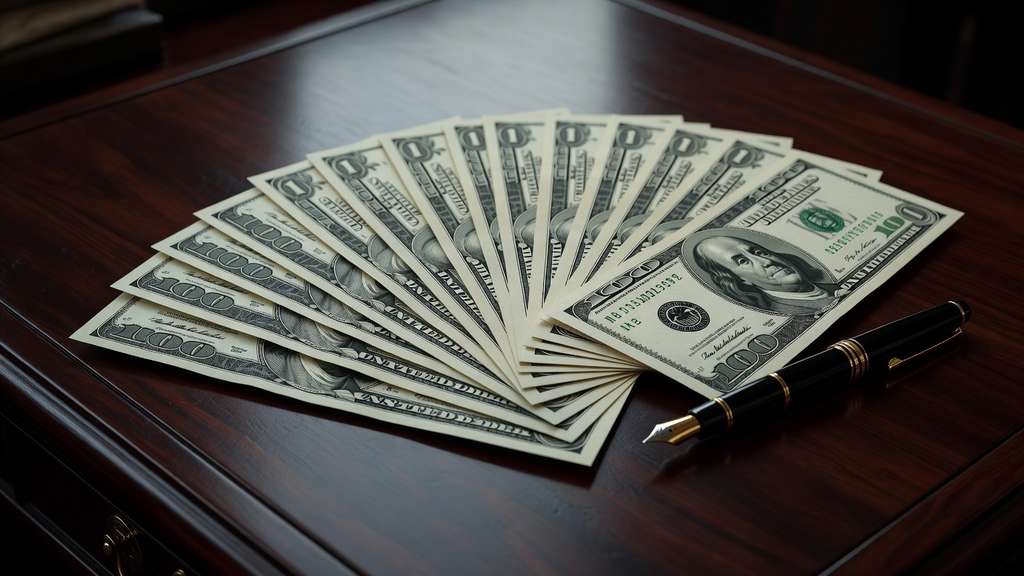 Macro still life of crisp United States one hundred dollar bills and official Treasury bond certificates fanned out across a dark polished mahogany desk beside a black fountain pen under soft directional light