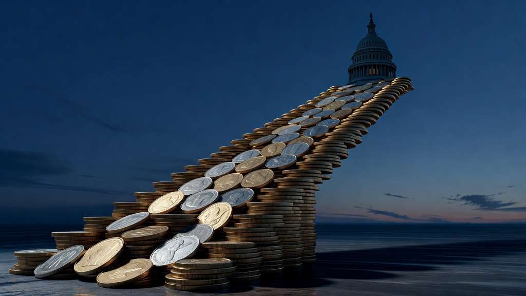 Conceptual image of an ascending staircase built from stacked gold and silver coins rising toward the illuminated United States Capitol dome silhouetted against a deep blue dusk sky