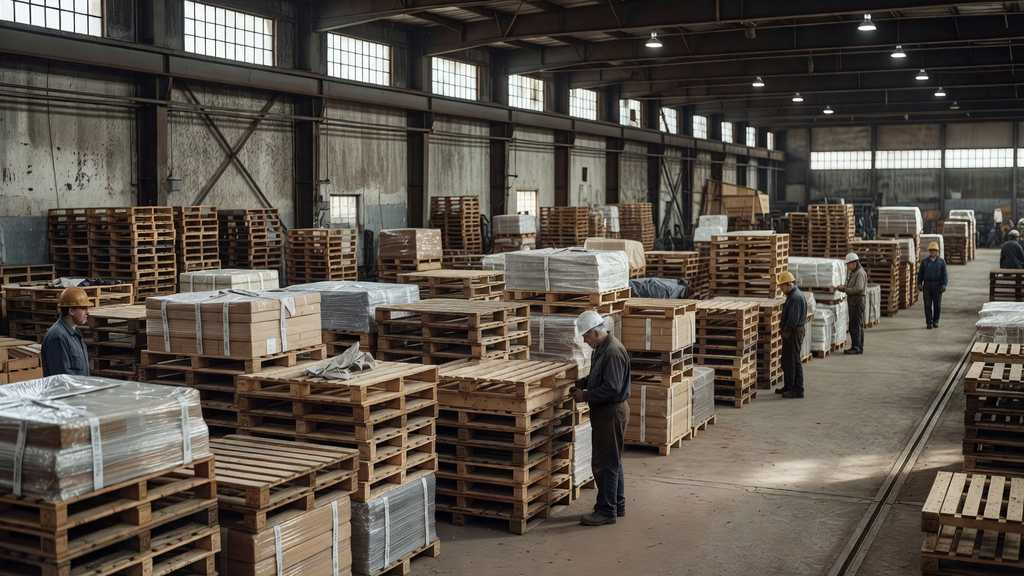 Busy American factory and warehouse floor with stacked inventory pallets, illustrating the downward revision to business investment in the first quarter of 2026