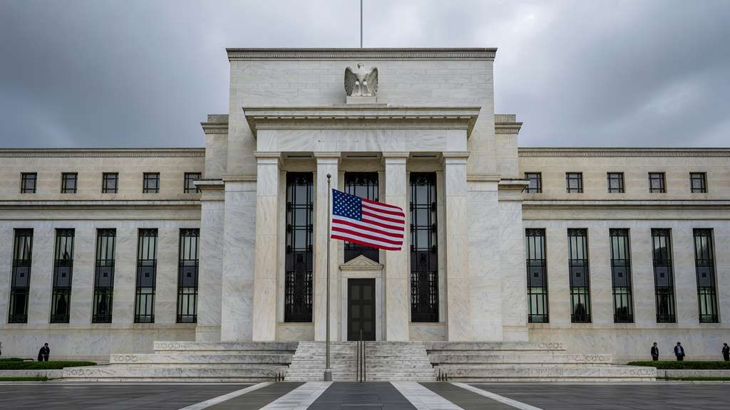 Neoclassical Federal Reserve style government building with marble columns under an overcast sky, representing the upcoming June 17 2026 monetary policy decision