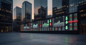 Modern American downtown financial district at dusk with a large digital economic ticker board, conveying a slowing U.S. economy after the Q1 2026 GDP revision.