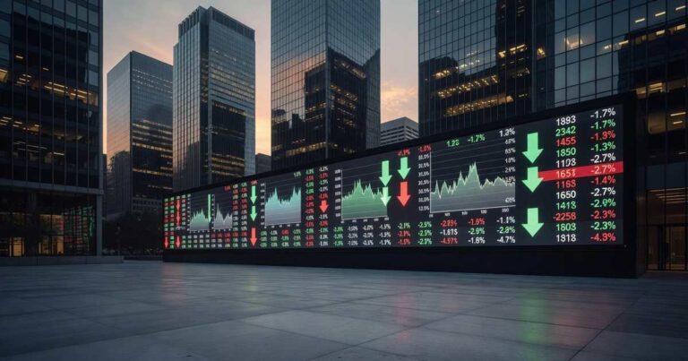 Modern American downtown financial district at dusk with a large digital economic ticker board, conveying a slowing U.S. economy after the Q1 2026 GDP revision.