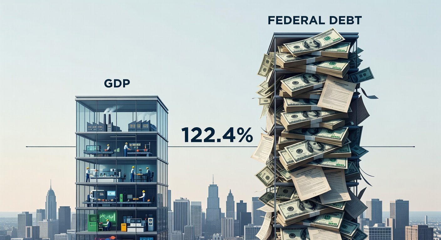 US federal debt towering over GDP pillar showing 122.4% debt-to-GDP ratio