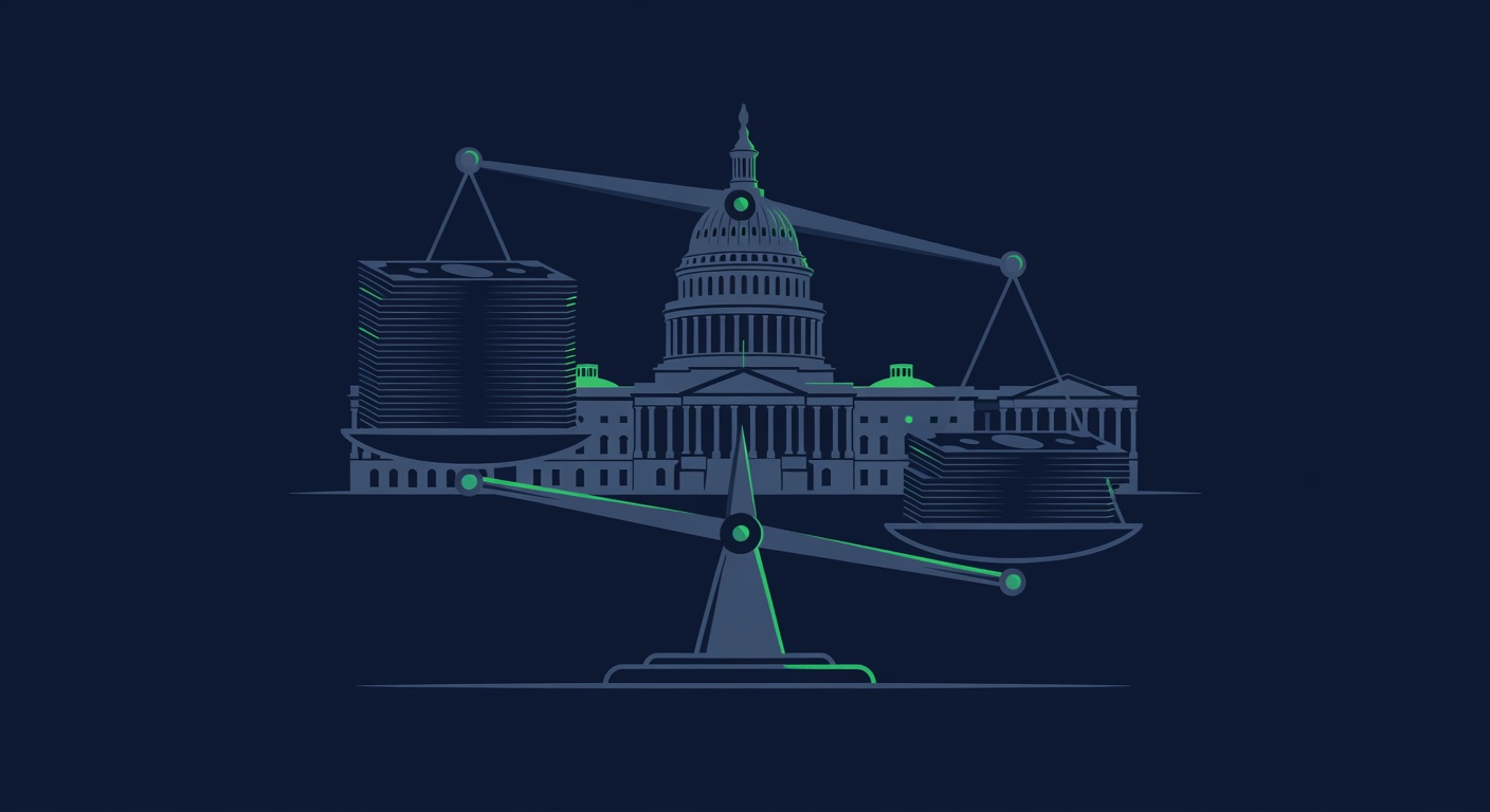 Federal spending outweighing revenue on a balance scale in front of the U.S. Capitol, representing the federal deficit