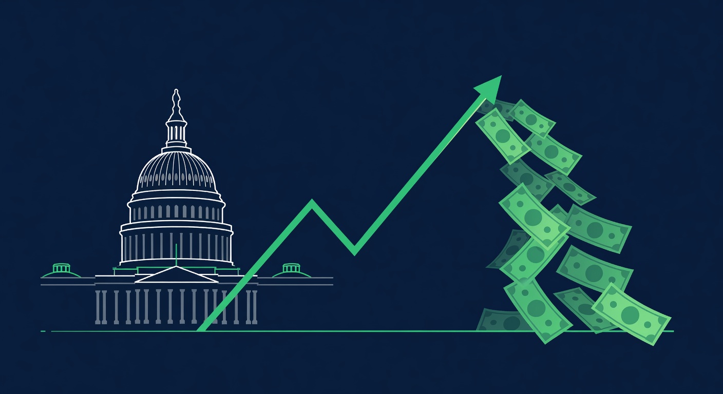 Rising interest payments on the US national debt shown as an upward trend and flowing dollars beside the U.S. Capitol