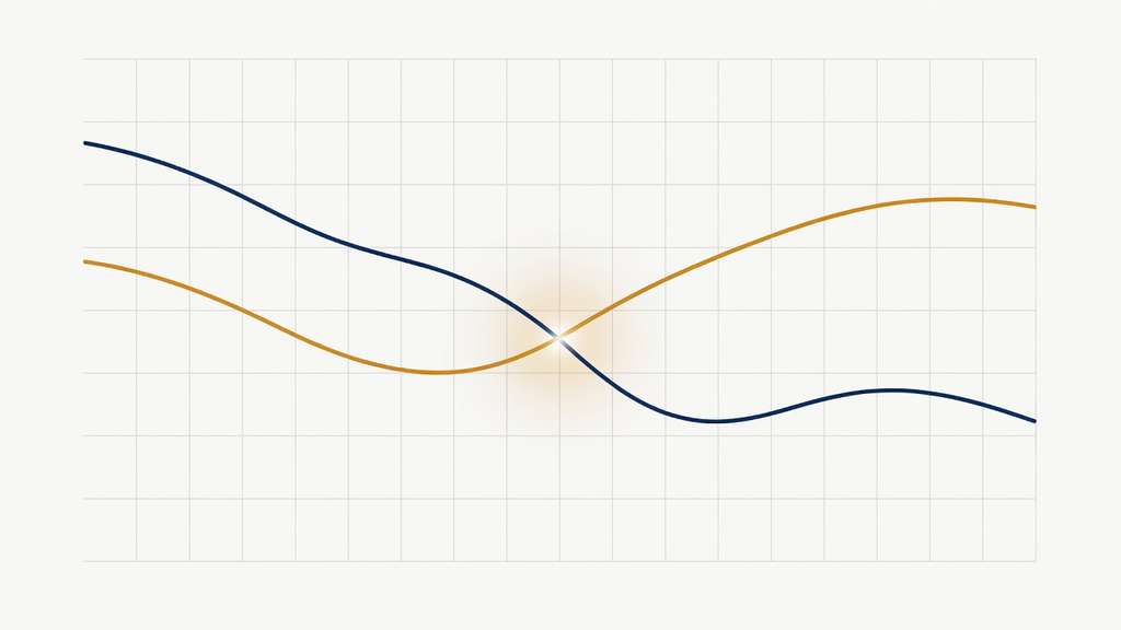 Financial chart showing a short term interest rate line and a long term interest rate line crossing to form an inversion point rendered in navy blue and amber on a soft off white grid background with a glowing crossover marker