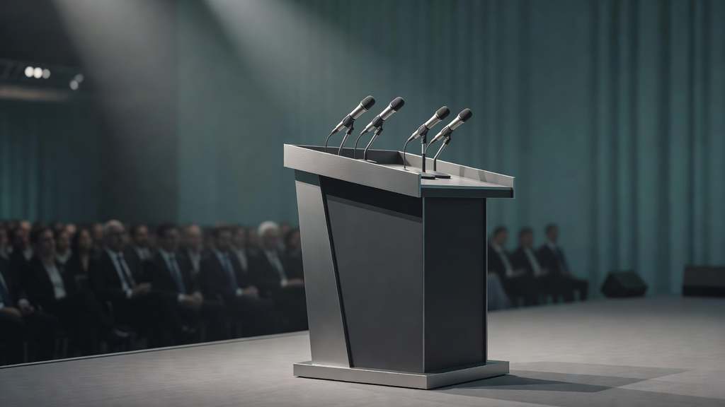A modern central bank speaking lectern fitted with four microphones on a softly lit conference stage, a blurred seated audience to the left suggesting an international economics conference, rendered in muted teal and grey tones