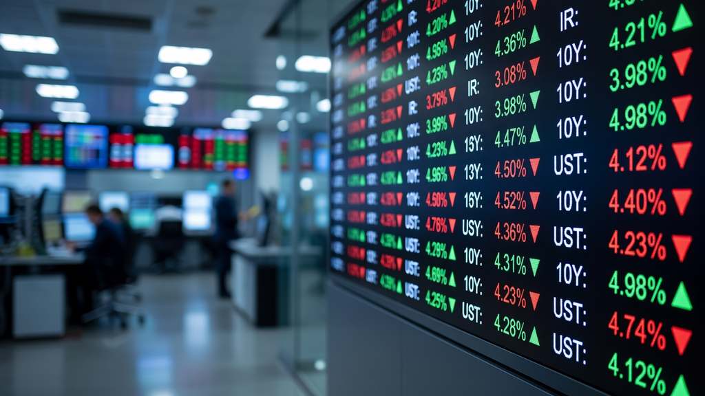 A large electronic financial display board showing Treasury yield and interest rate figures in green and red with up and down arrows, an out of focus trading floor with workstations and analysts in the background under cool fluorescent light