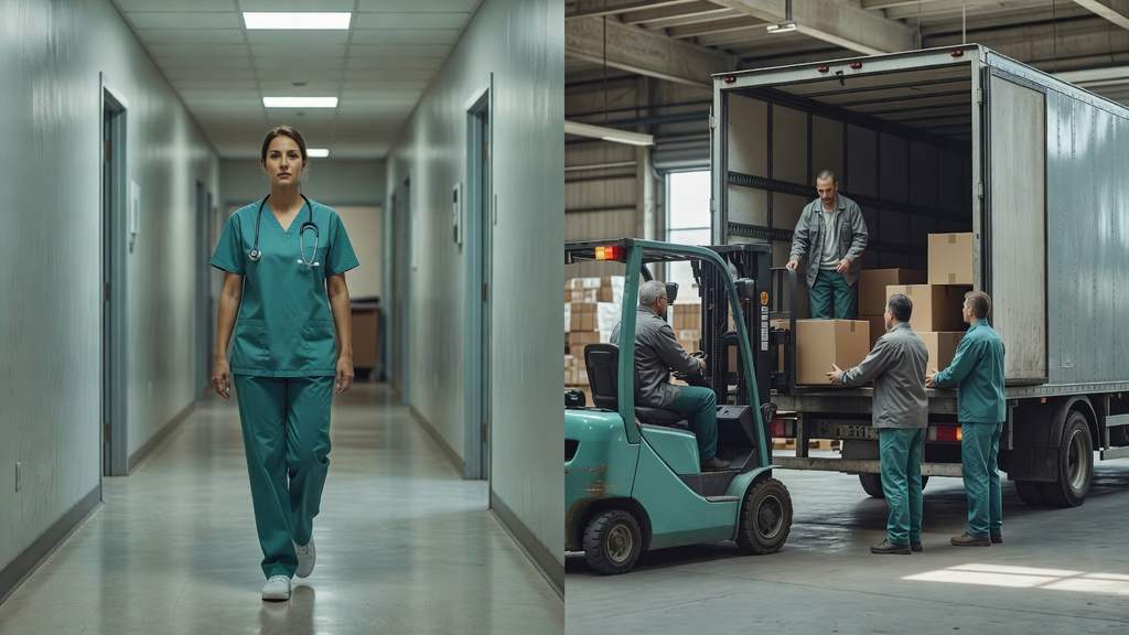 A split-scene photograph showing a nurse in teal scrubs walking down a hospital corridor on the left and warehouse workers loading cardboard boxes onto a delivery truck with a forklift on the right, representing job gains in health care and in trade and transportation