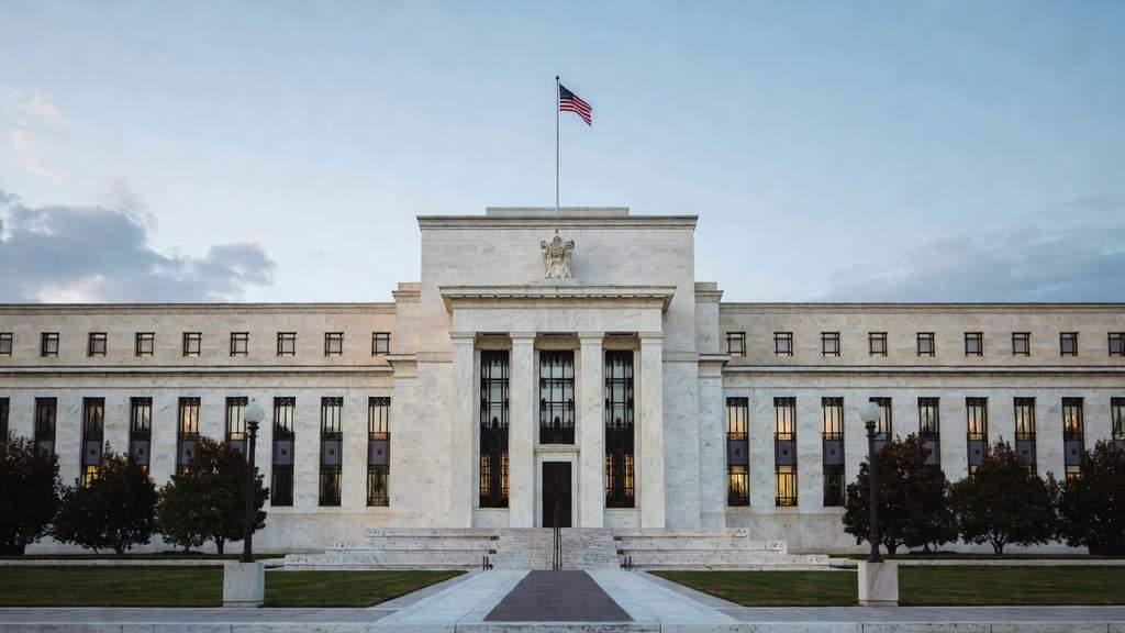 The marble neoclassical facade of the United States Federal Reserve building with an American flag flying above the central pediment at dusk, framed by trees and a walkway, representing federal monetary policy