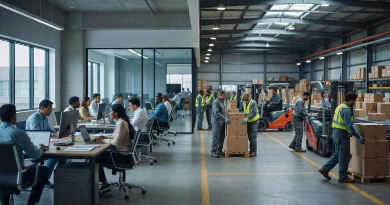 A bright modern open-plan office adjoining a busy logistics warehouse where office staff work at computers and warehouse workers in safety vests move boxes and operate a forklift, illustrating broad private-sector hiring across industries